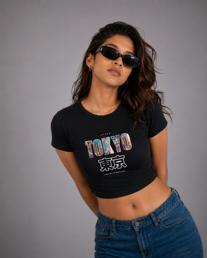 Women Black Baby Tee | Tokyo Japan