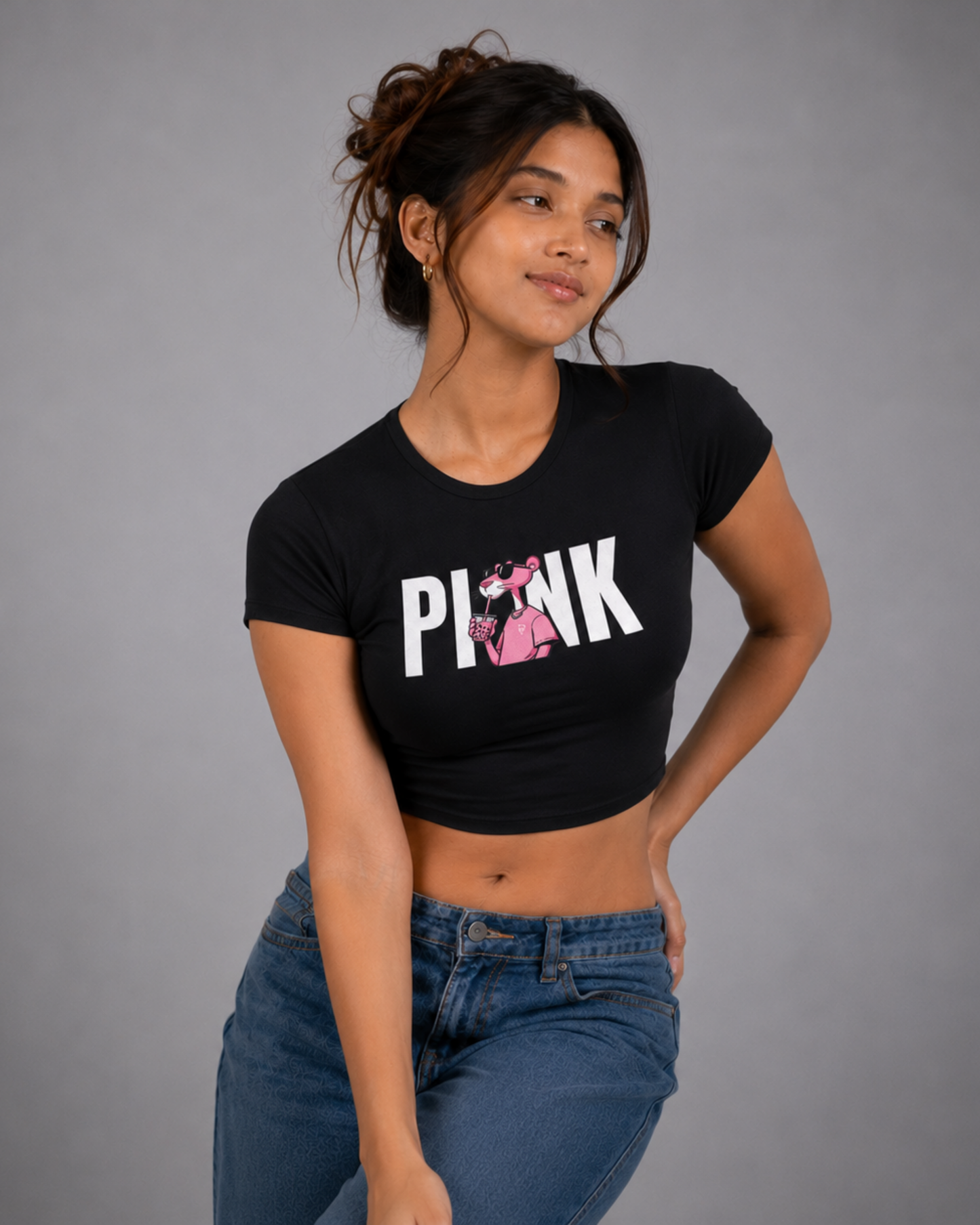 Women Black Baby Tee | Pink Panther Bubble Tea