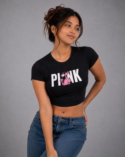 Women Black Baby Tee | Pink Panther Bubble Tea