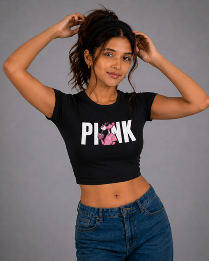 Women Black Baby Tee | Pink Panther Bubble Tea