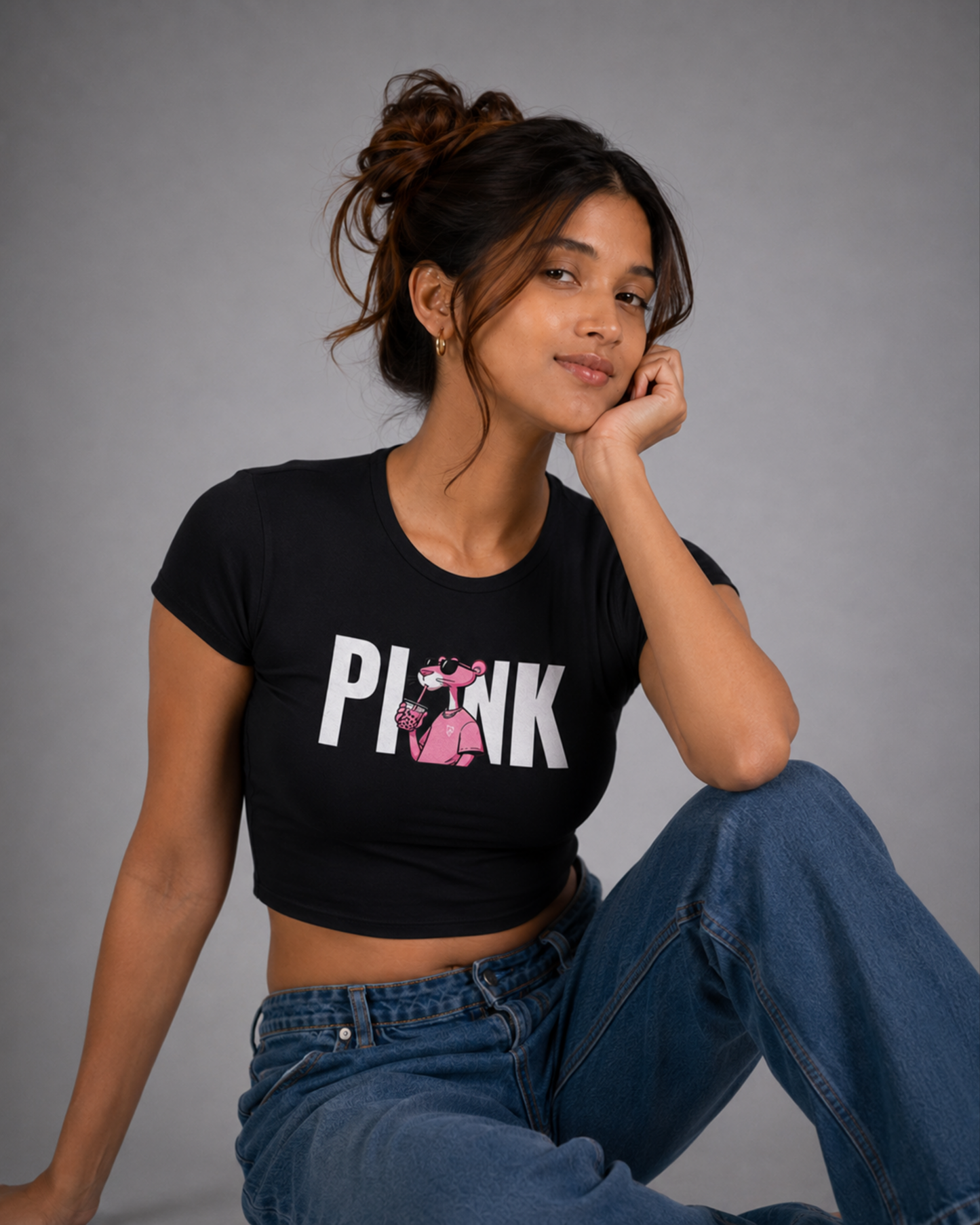 Women Black Baby Tee | Pink Panther Bubble Tea