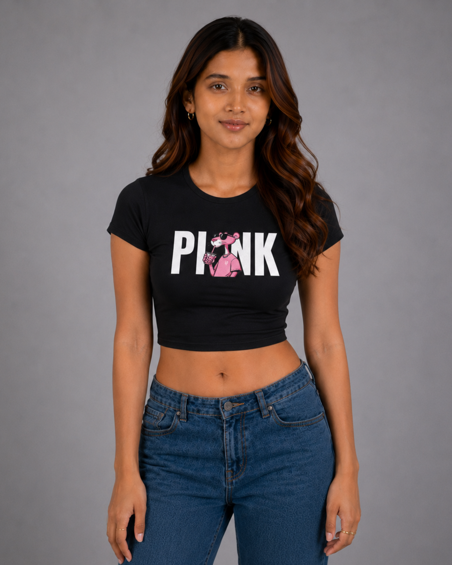 Women Black Baby Tee | Pink Panther Bubble Tea