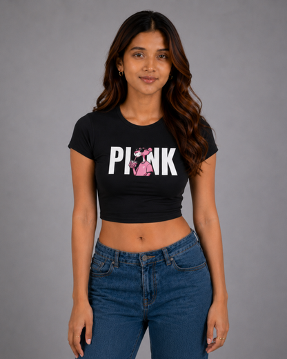 Women Black Baby Tee | Pink Panther Bubble Tea