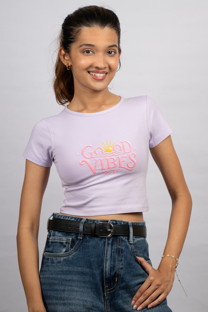 Women Lavender Baby Tee | Good Vibes