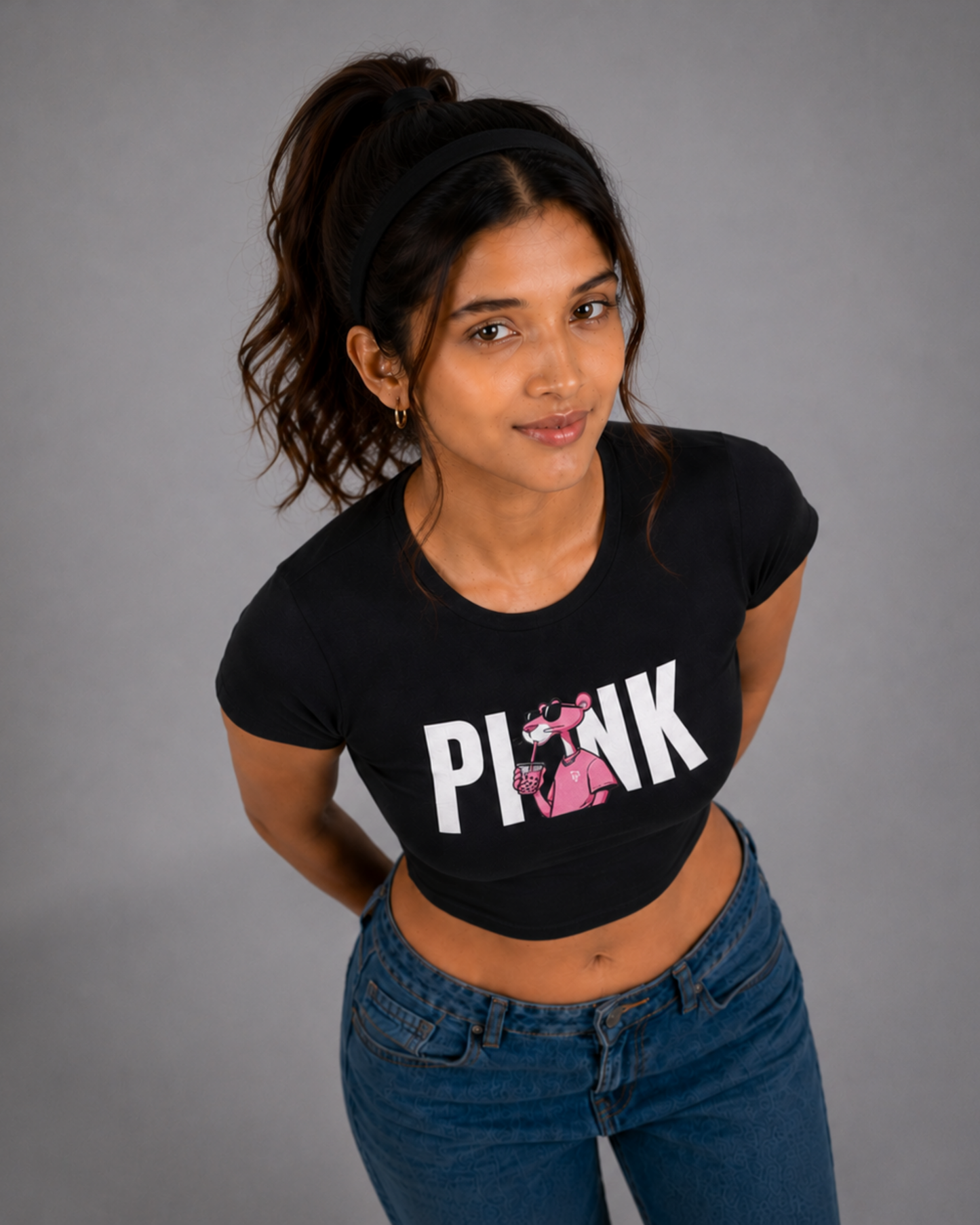 Women Black Baby Tee | Pink Panther Bubble Tea