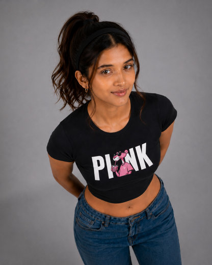 Women Black Baby Tee | Pink Panther Bubble Tea
