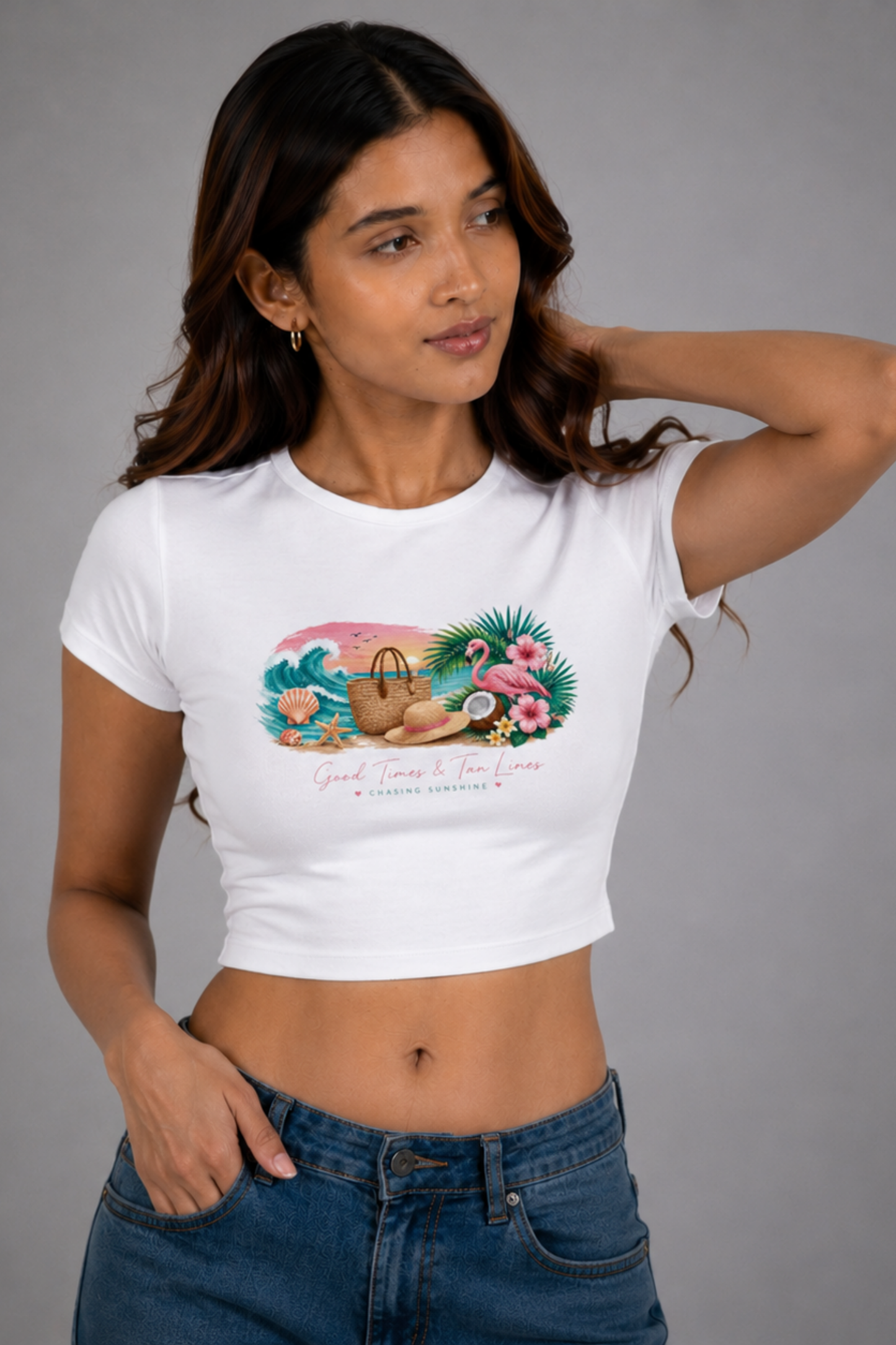 Women White Baby Tee | Good Times & Tan Lines