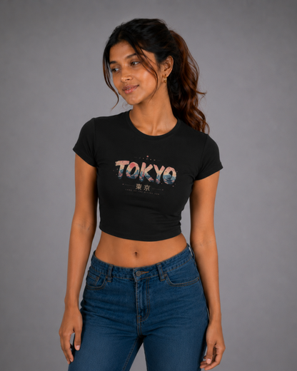 Women Black Baby Tee | Tokyo Skyline
