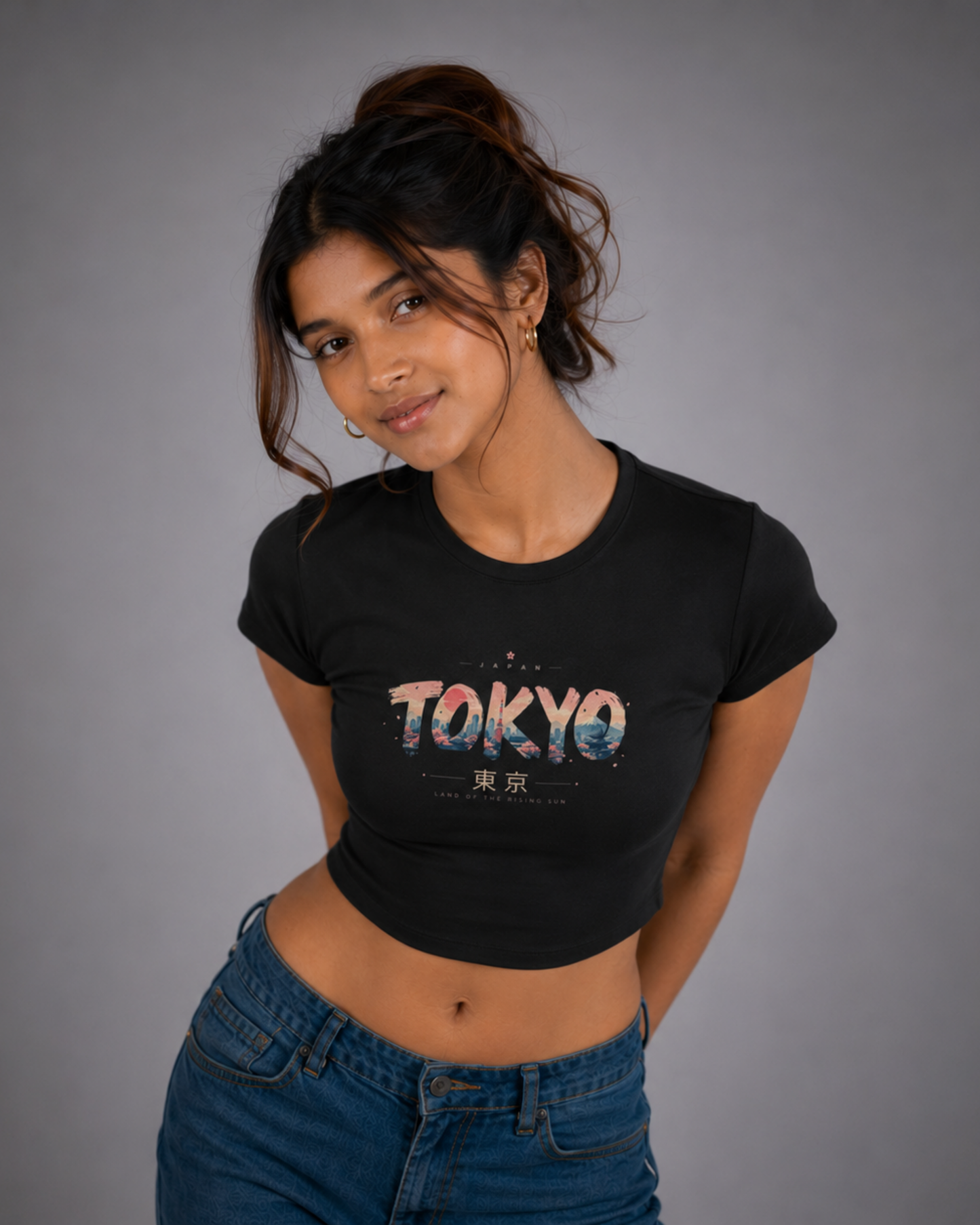 Women Black Baby Tee | Tokyo Skyline