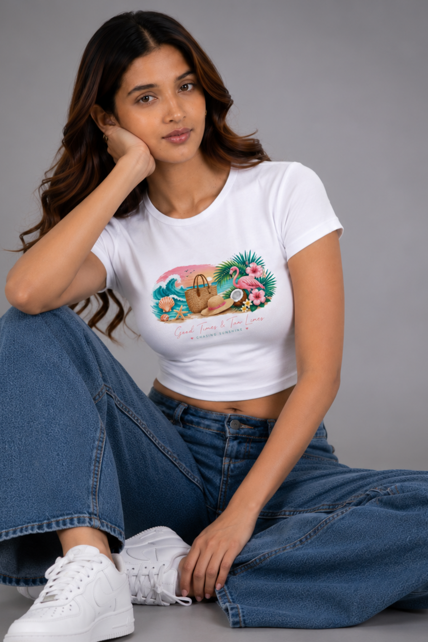 Women White Baby Tee | Good Times & Tan Lines