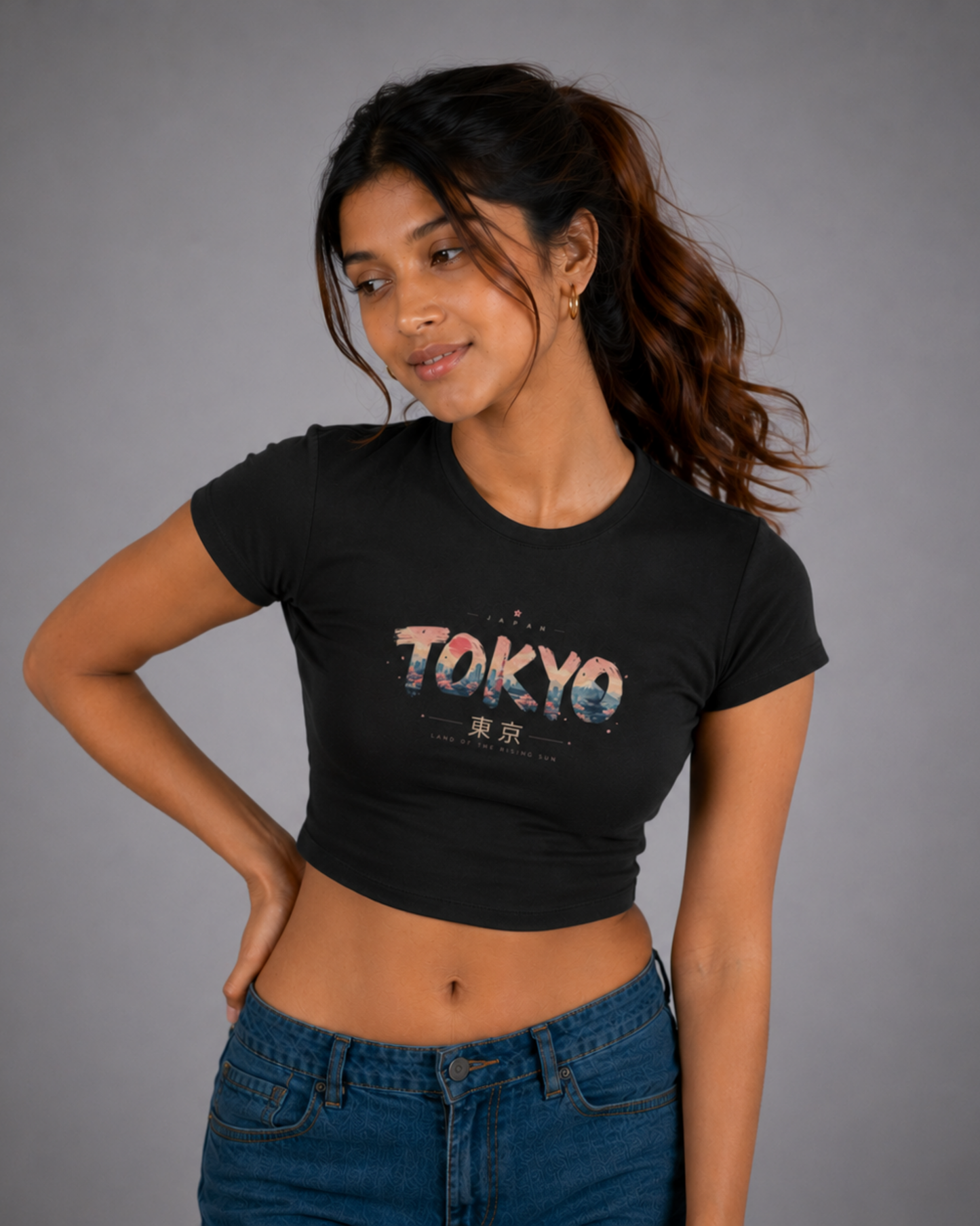 Women Black Baby Tee | Tokyo Skyline