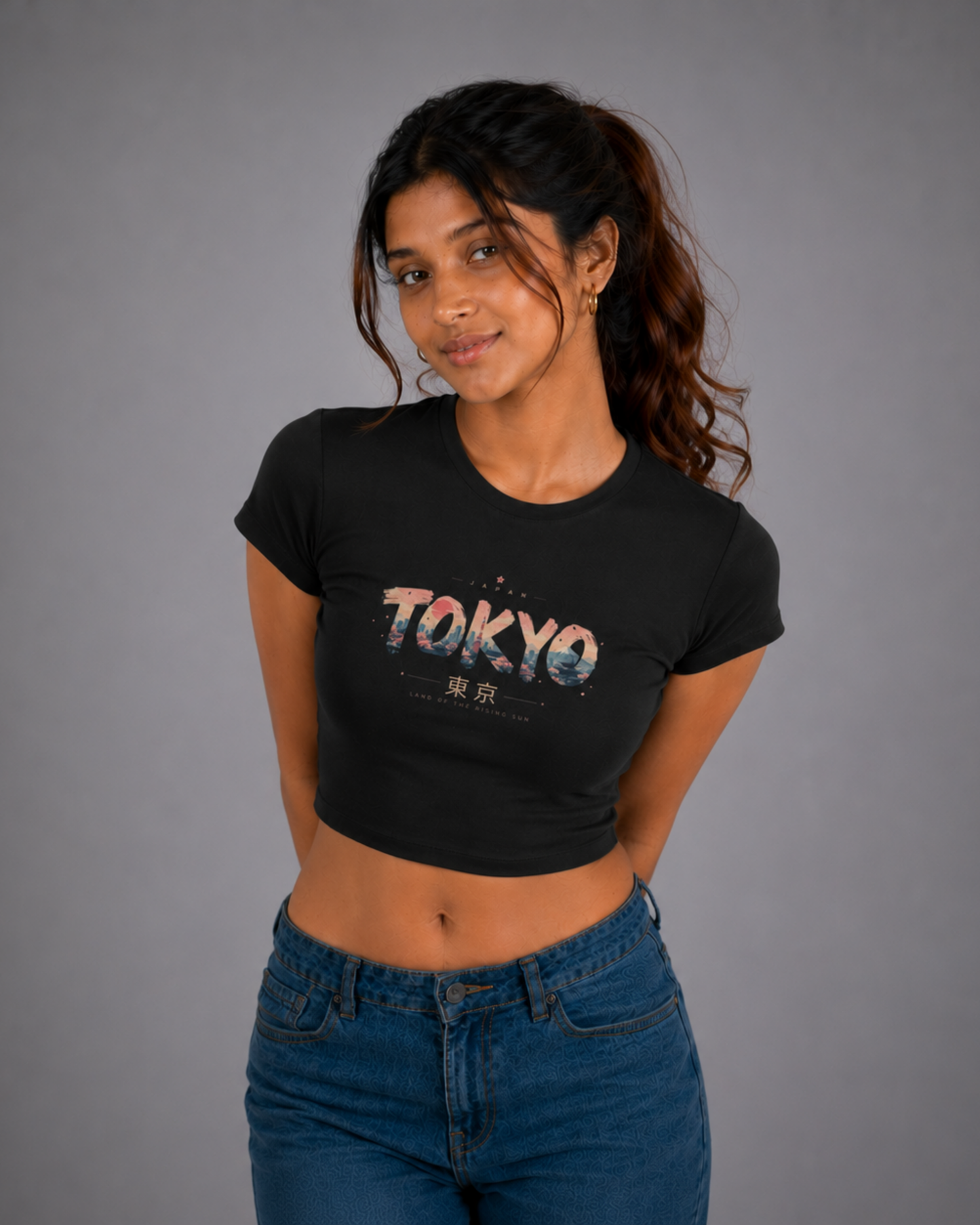 Women Black Baby Tee | Tokyo Skyline