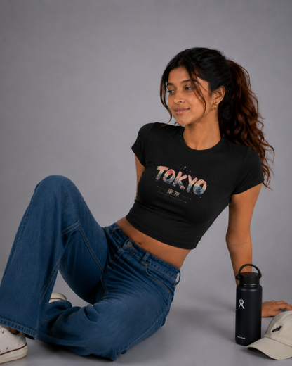 Women Black Baby Tee | Tokyo Skyline