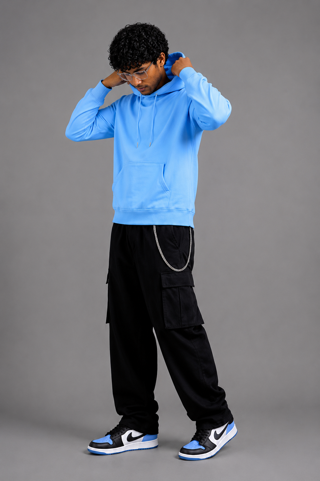 Men Solid Sky Blue Hoodie
