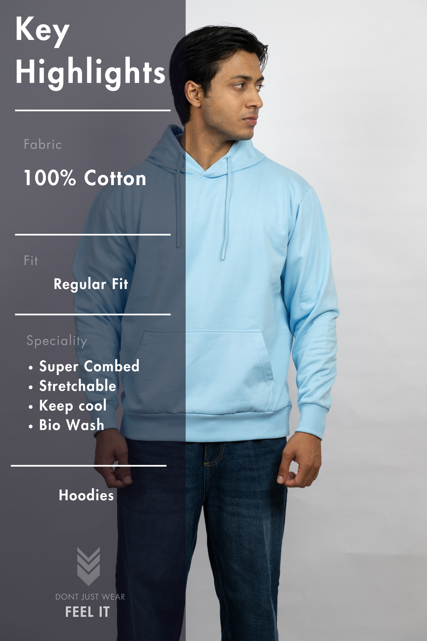 Men Solid Sky Blue Hoodie