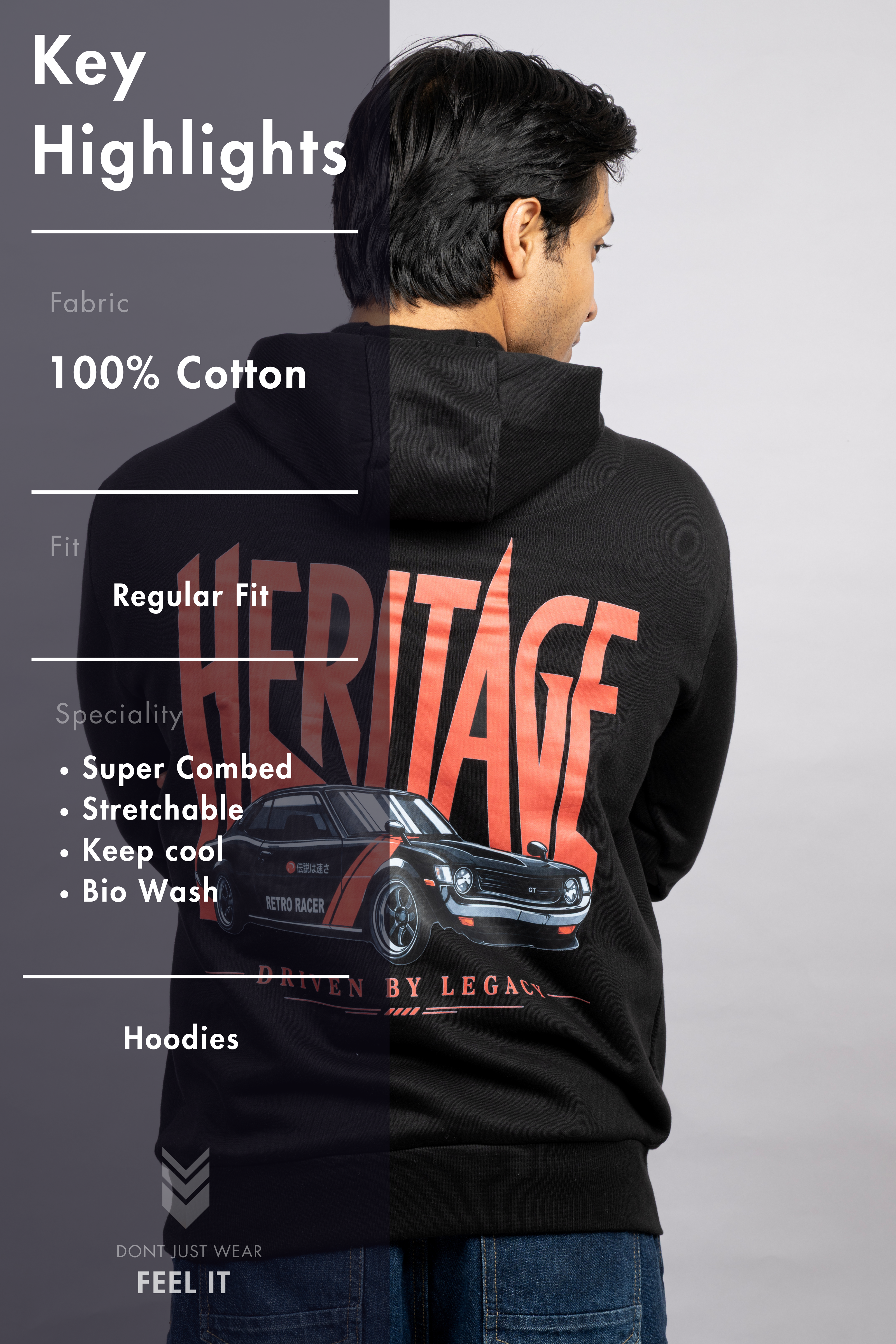 Men Solid Black Hoodie | Redline Heritage