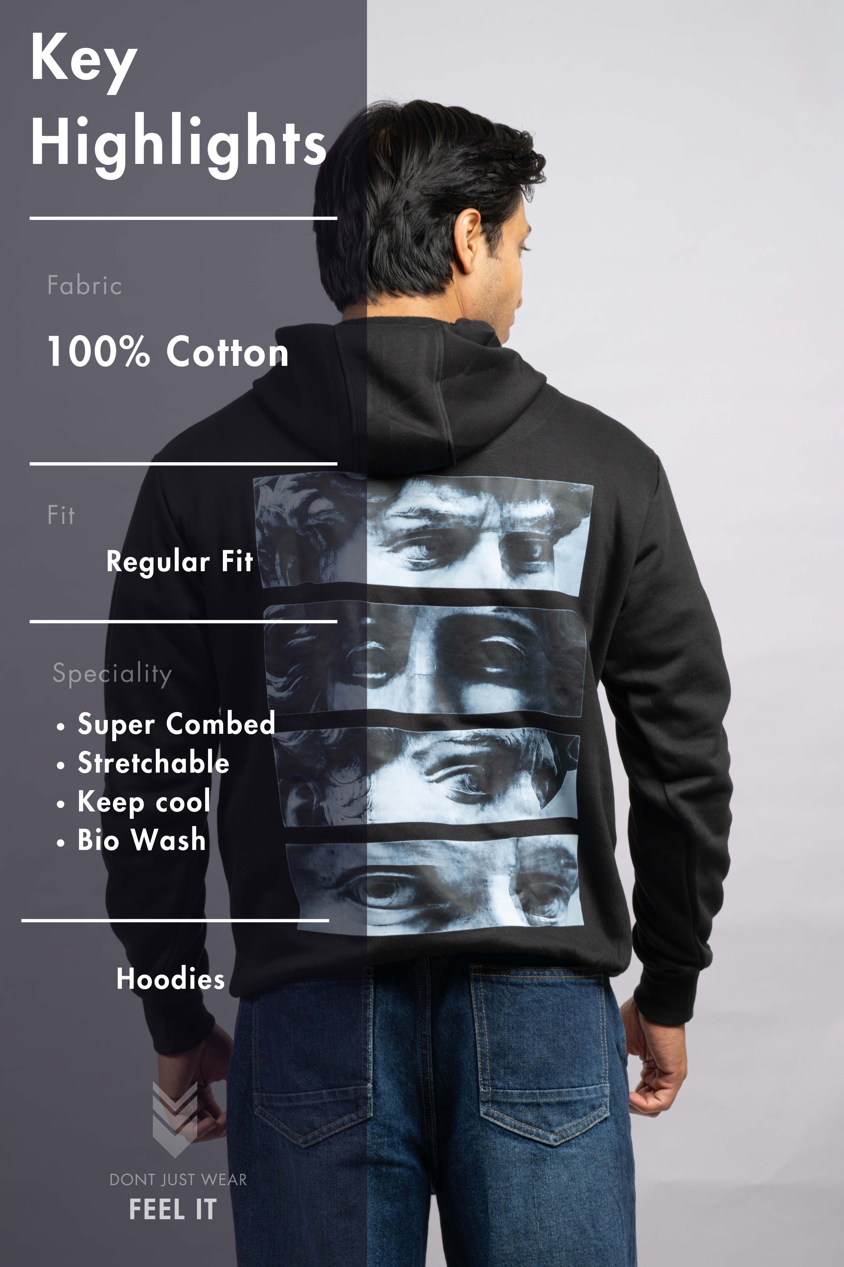 Men Solid Black Hoodie | Split Vision