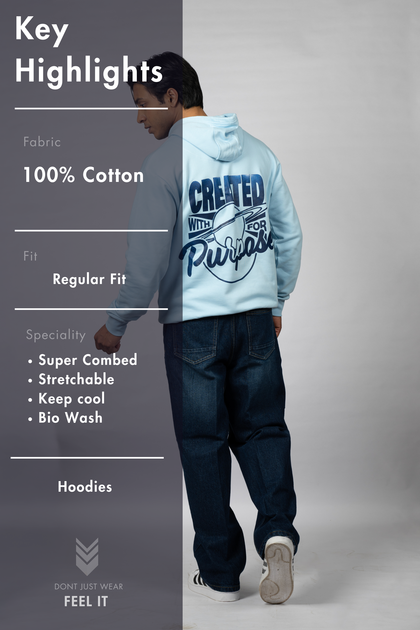 Men Solid Sky Blue Hoodie | Pure Purpose