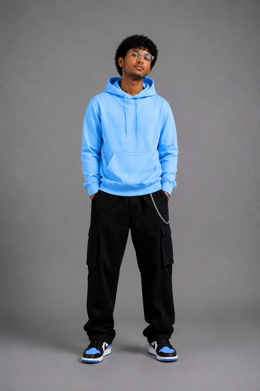 Men Solid Sky Blue Hoodie