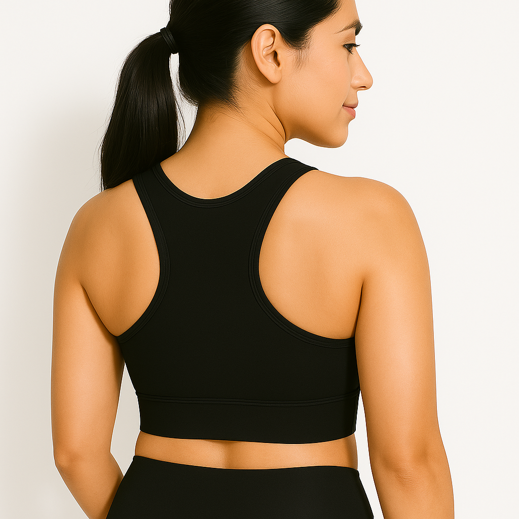Women's Black Sports Bra – Back View Highlighting X back design 