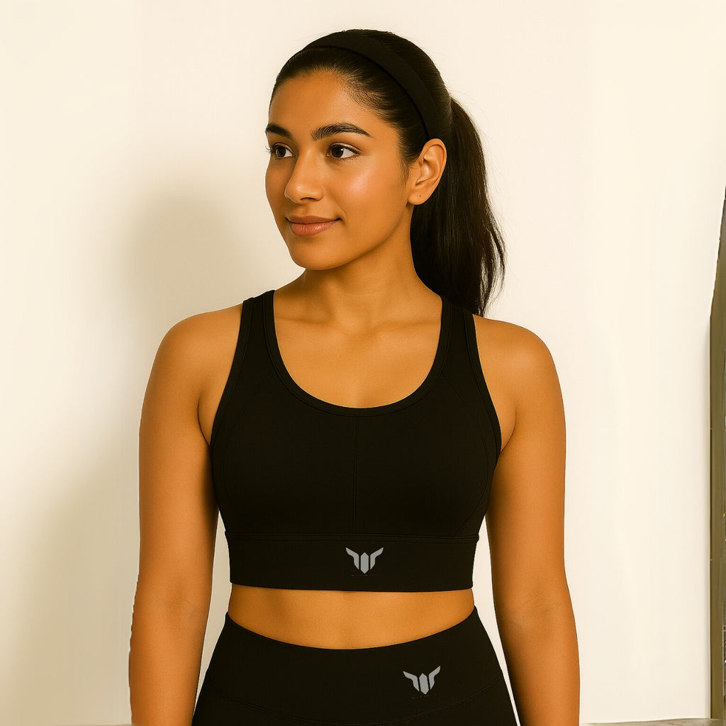Women's Black Sports Bra – Front View Worn by Model for Gymwear Showcase