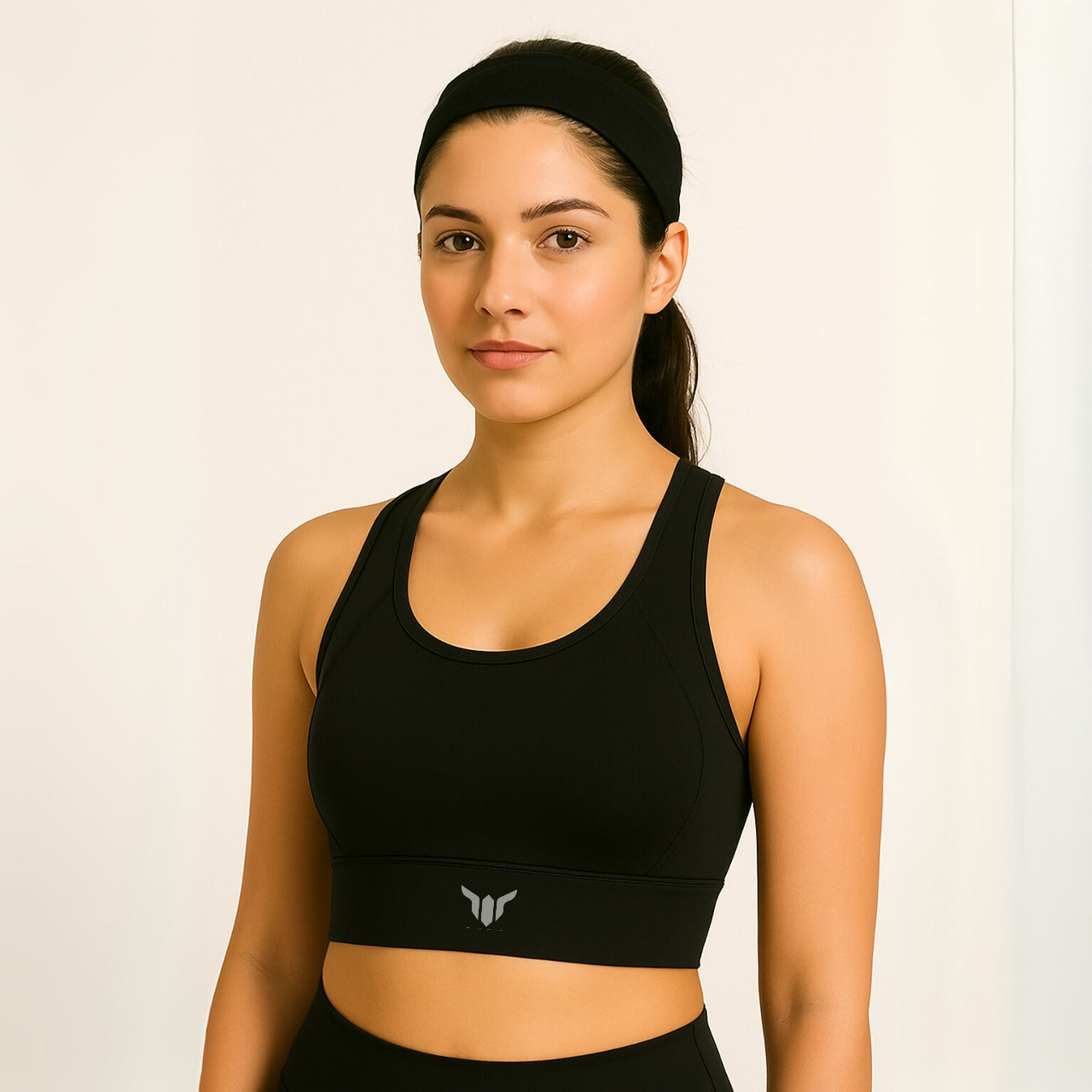 Women's Black Sports Bra – Front View Worn by Model for Gymwear Showcase