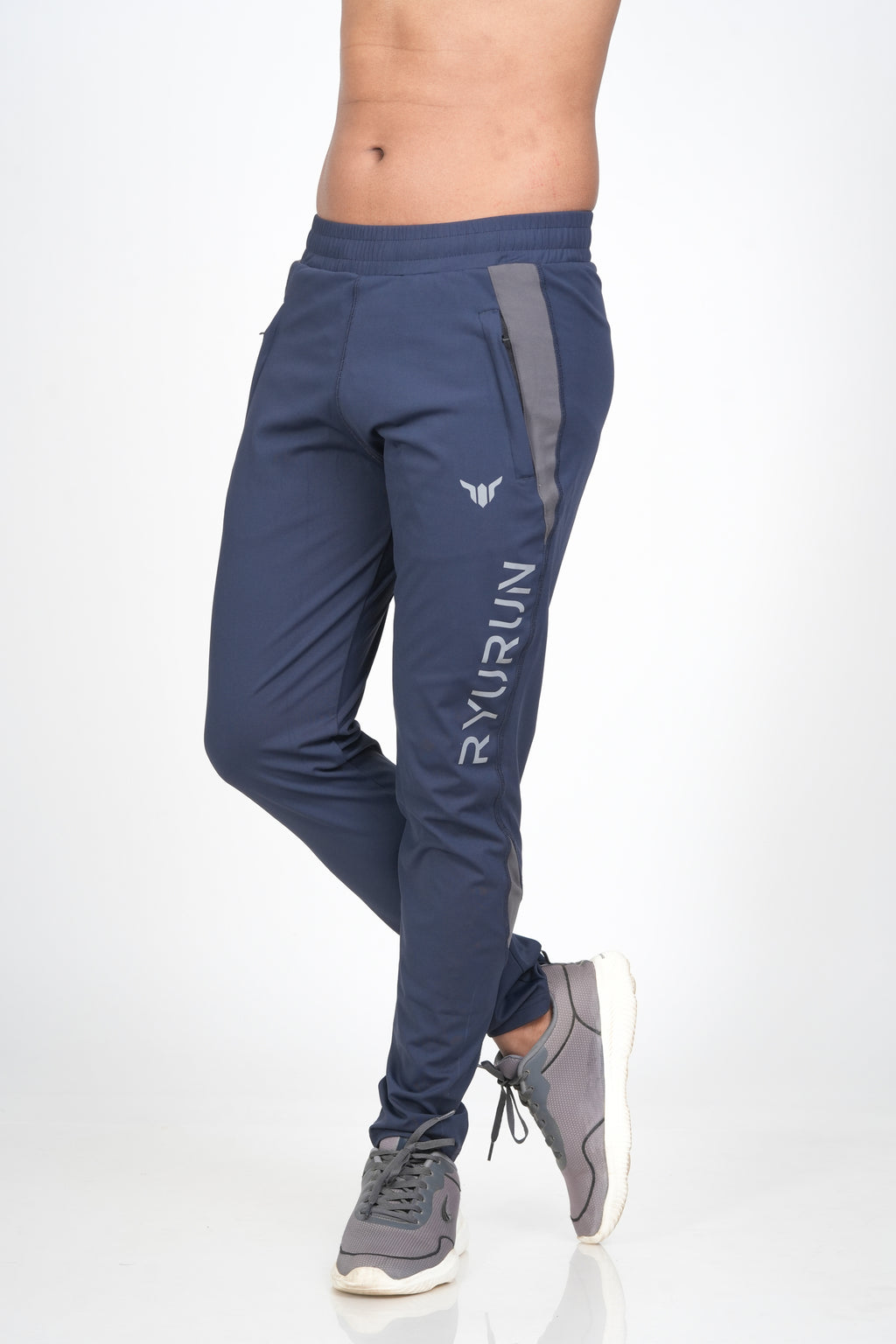 Men's Blue Track Pant – Angled Front View for Overall Fit and Style Reference

