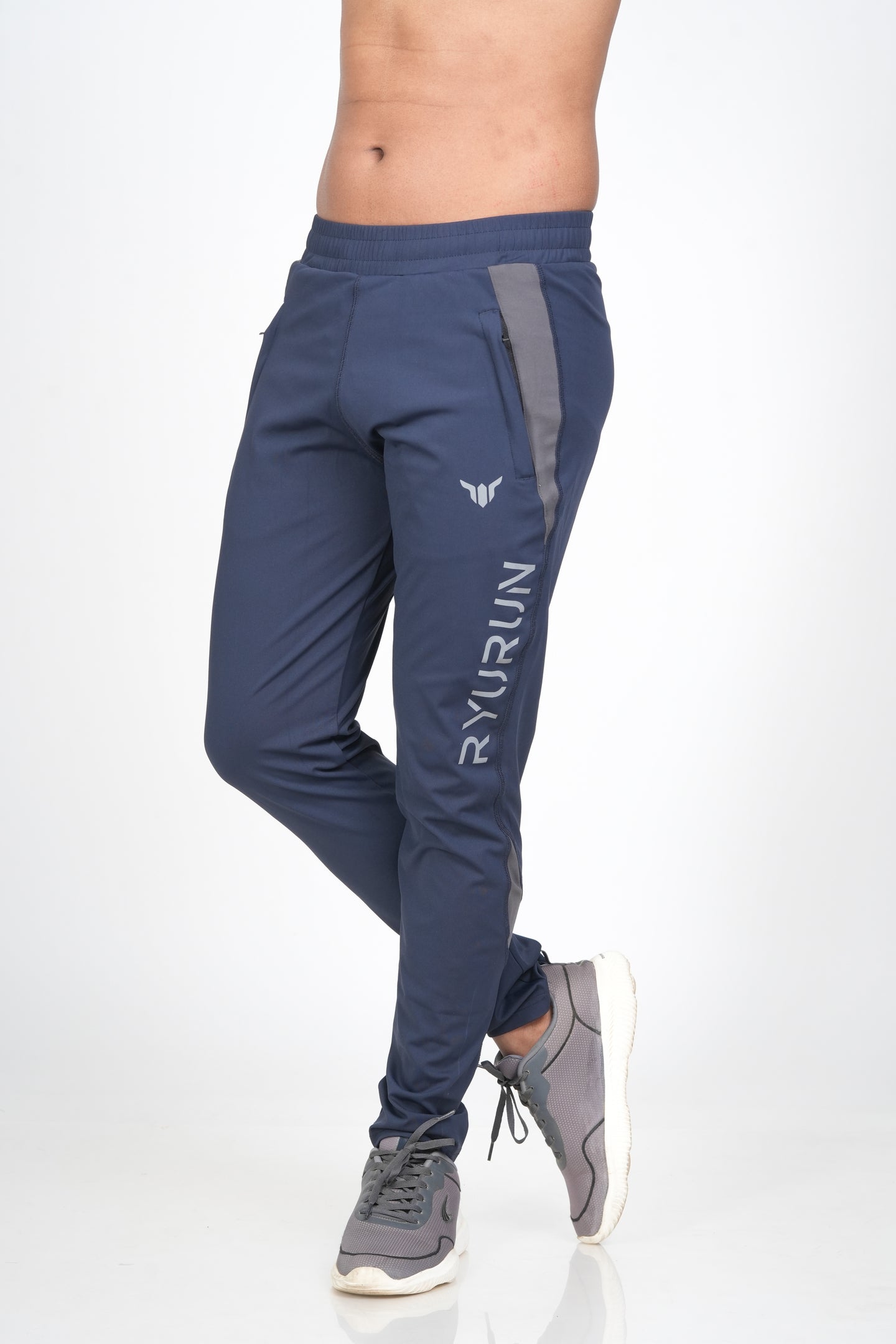 Men's Blue Track Pant – Angled Front View for Overall Fit and Style Reference


