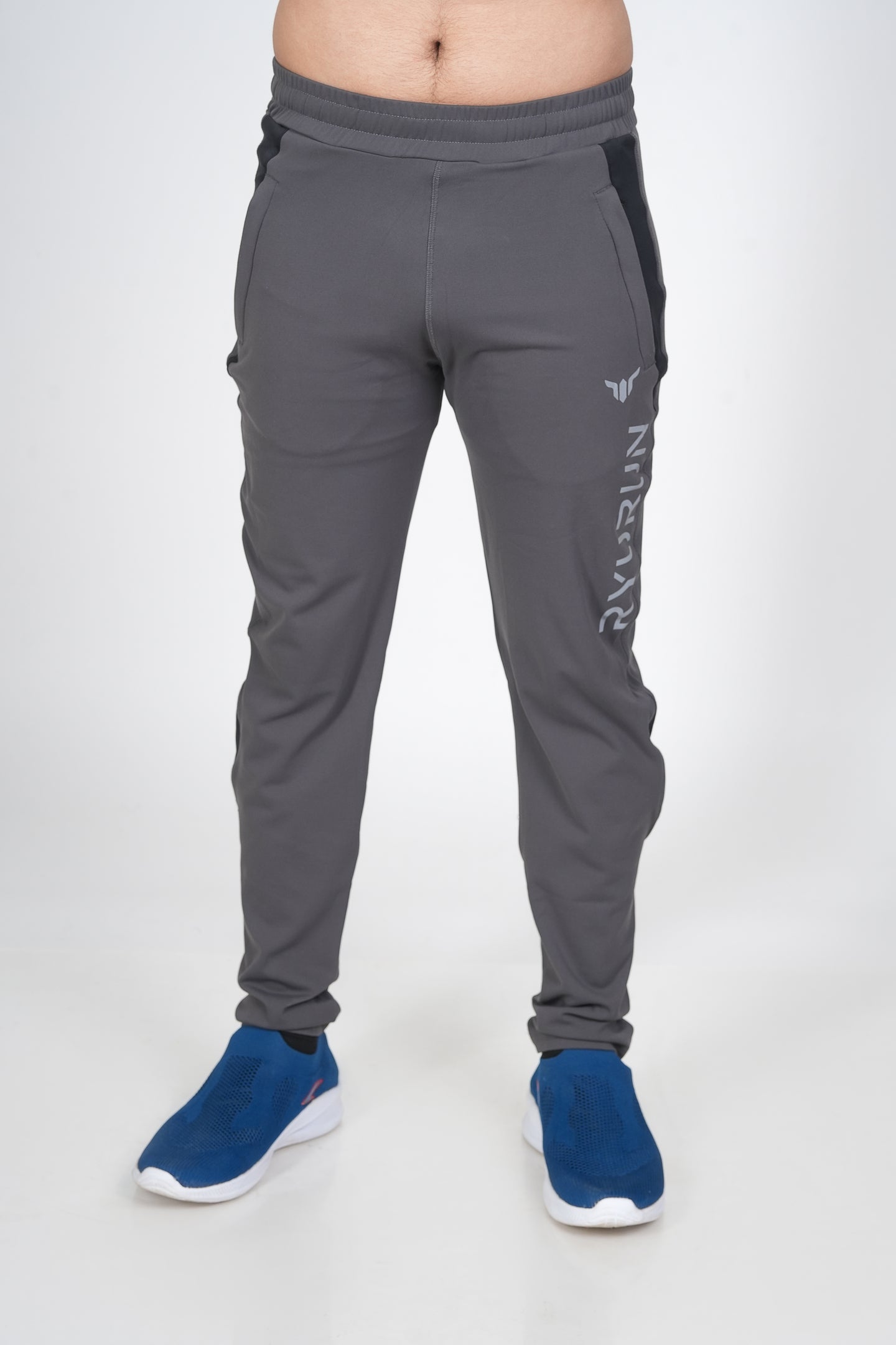 Men's Grey Track Pant – Front View Highlighting Fit and Waistband Construction. 