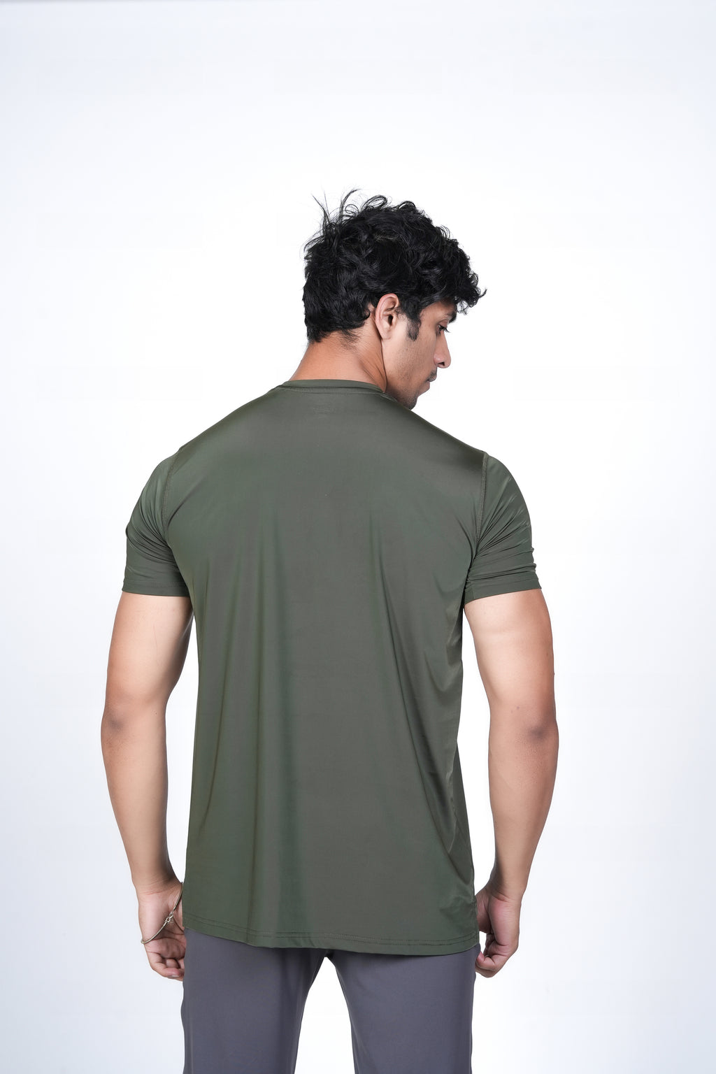 Men's Olive Green T-Shirt – Back View Displaying Rear Shoulder Fit and Straight Hem Finish