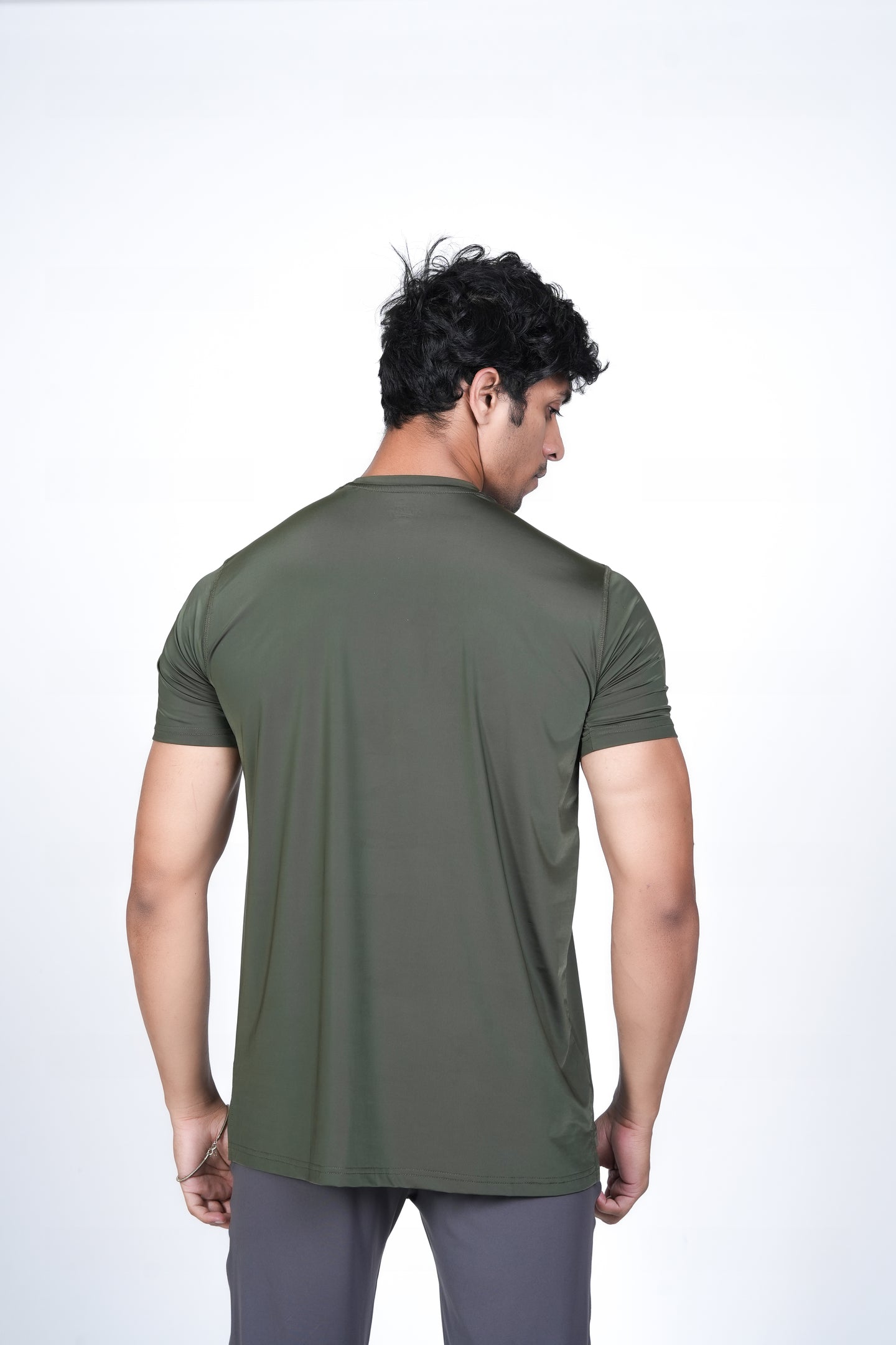 Men's Olive Green T-Shirt – Back View Displaying Rear Shoulder Fit and Straight Hem Finish