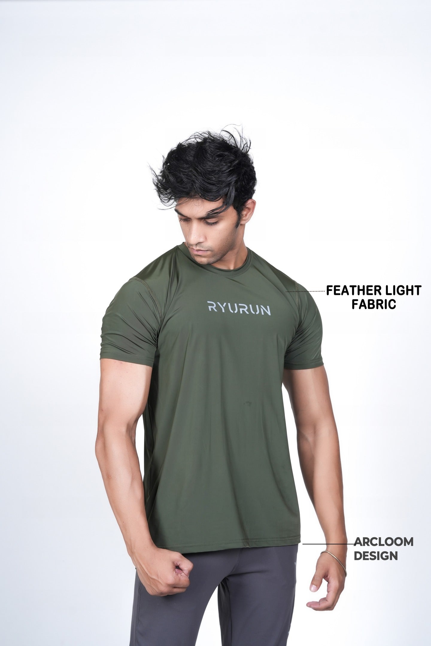 Men's Olive Green T-Shirt – Angled Front Pose Highlighting Side Hem and Shoulder Fit