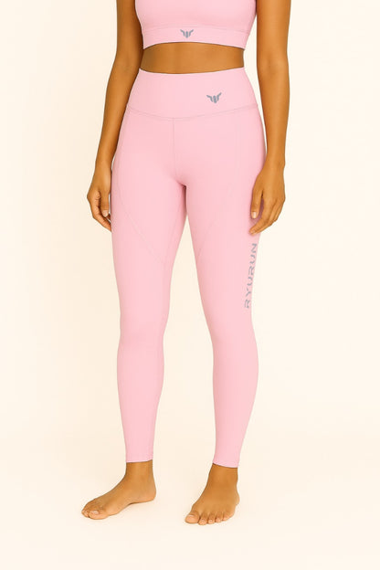 Women's Baby Pink Leggings – Front View with Model Highlighting High Waist, Core Support, and Clean Fit

