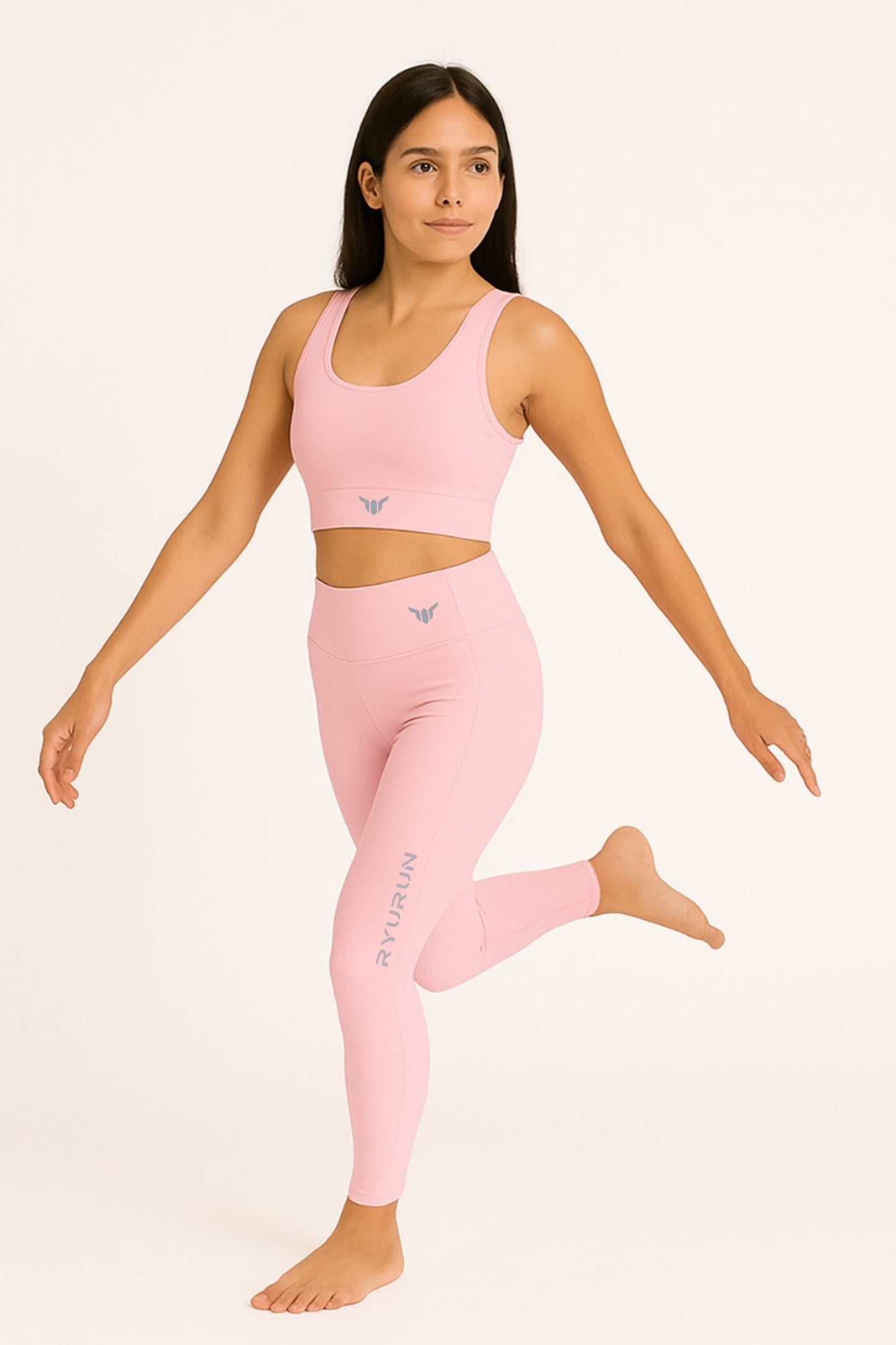 Women's Baby Pink Leggings – Full Body Model View Displaying Overall Fit and Flexibility from Waist to Ankle

