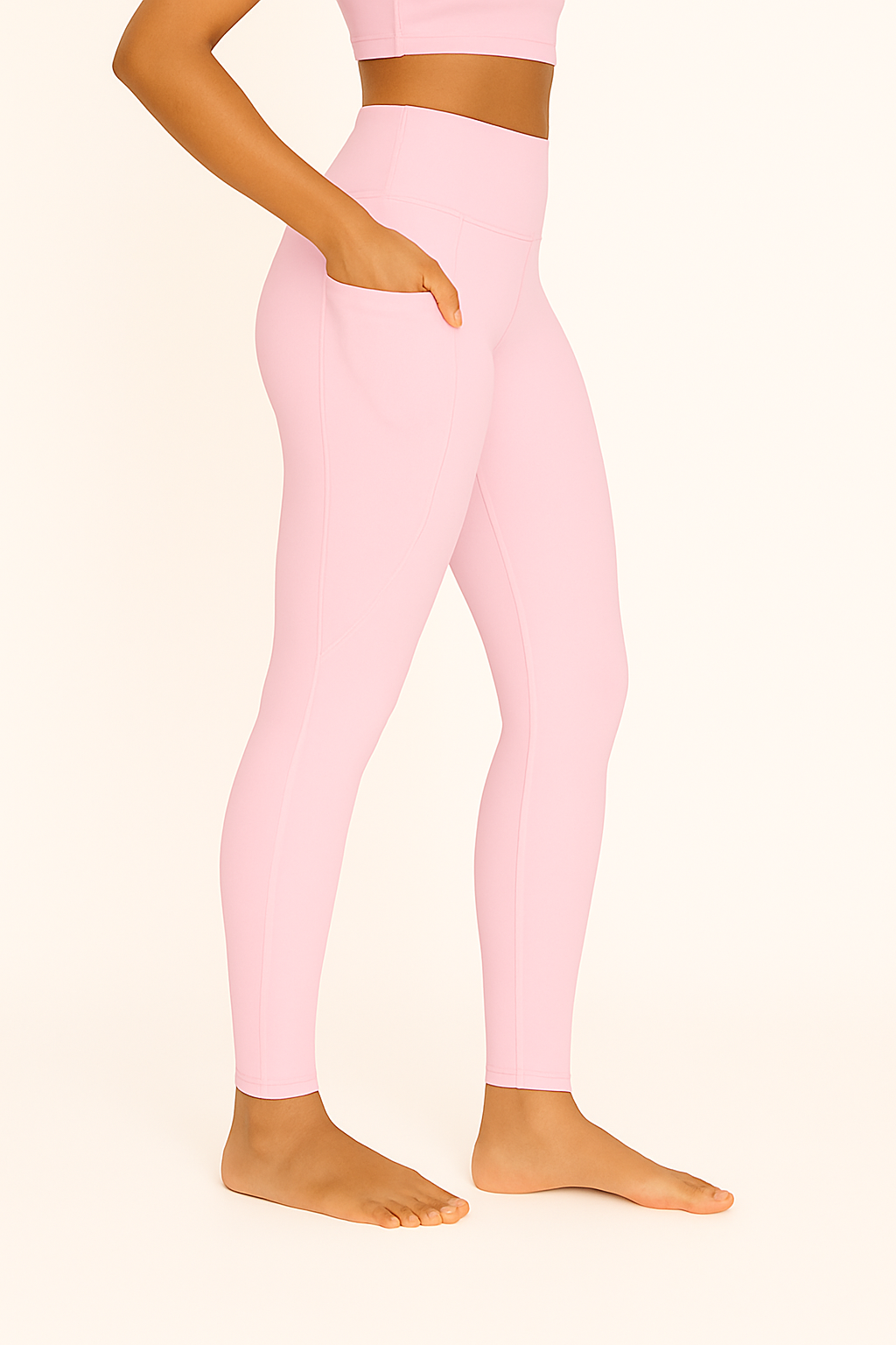Women's Baby Pink Leggings – Right Side View Showing Side Contour and Smooth Panel Stitching