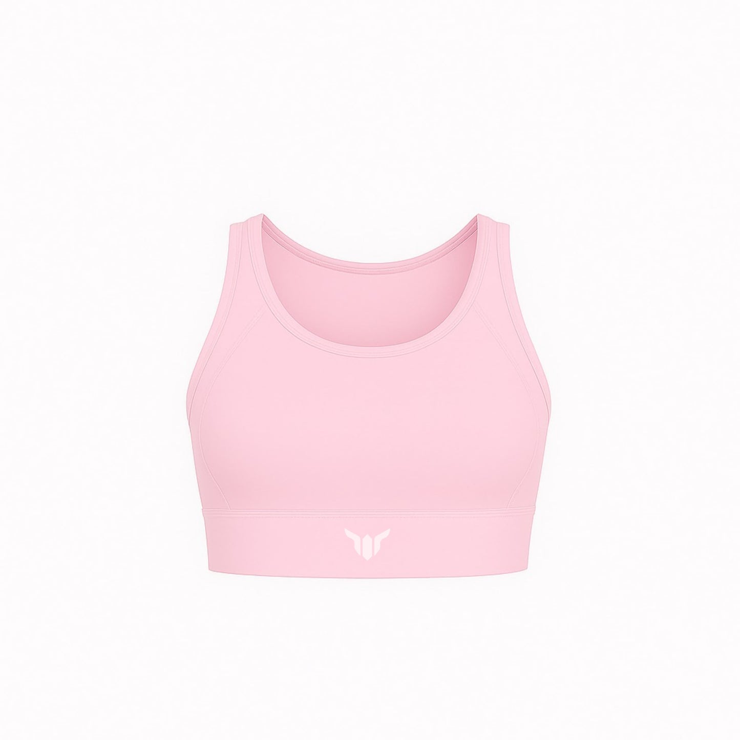 Women's Baby Pink Sports Bra – Product Mockup Displaying Seamless Shape, Soft Scoop Neck, and Wide Band Support