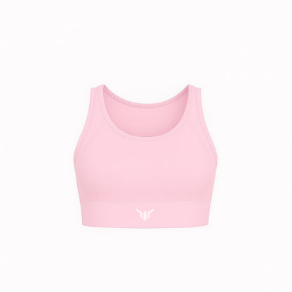 Women's Baby Pink Sports Bra – Product Mockup Displaying Seamless Shape, Soft Scoop Neck, and Wide Band Support