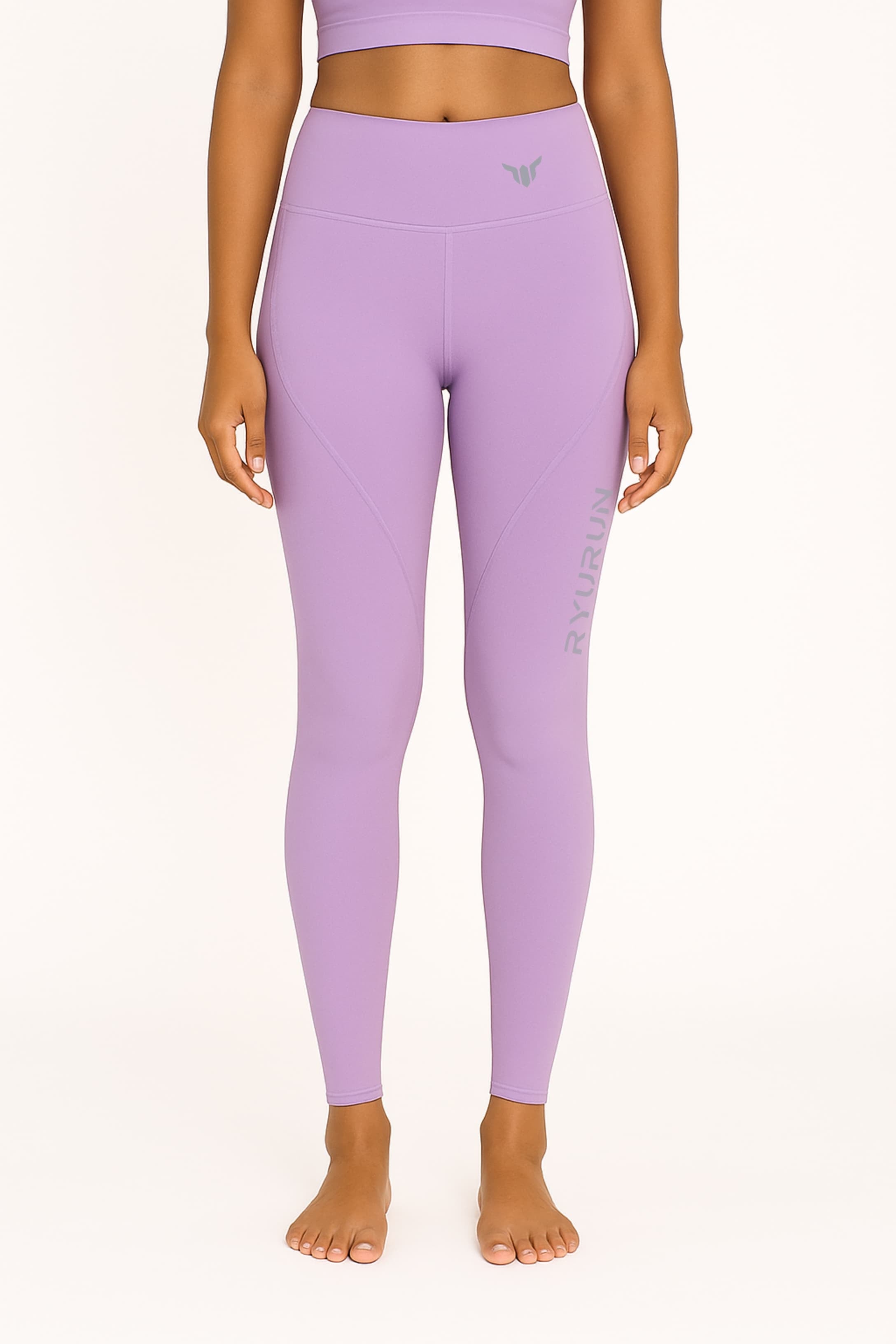 Women's Lavender Leggings – Front View with Model Highlighting Waistband and Compression Fit