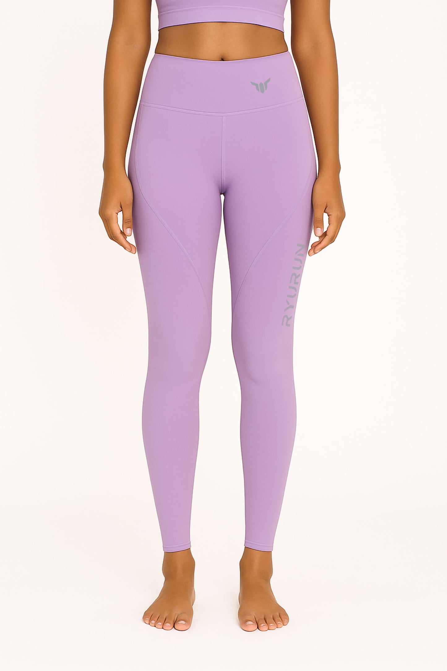 Women's Lavender Leggings – Front View with Model Highlighting Waistband and Compression Fit