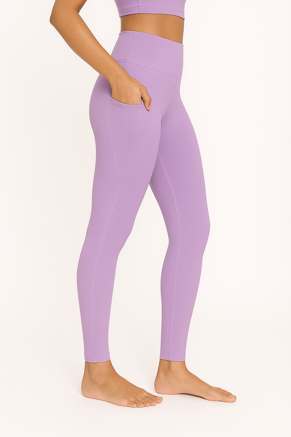 Women's Lavender Leggings – Right Side View Highlighting Seam Alignment and Slim Profile