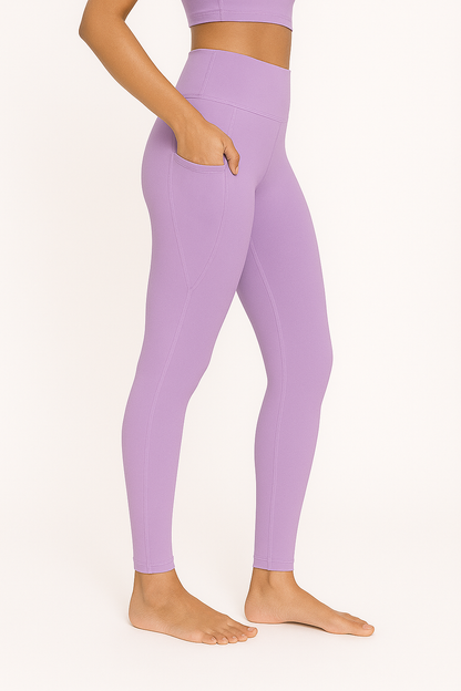 Women's Lavender Leggings – Right Side View Highlighting Seam Alignment and Slim Profile