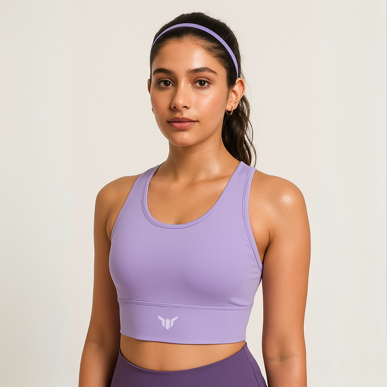 Women's Lavender Sports Bra – Close-Up of Ribbed Neckline and Fabric Texture for Breathability and Comfort

