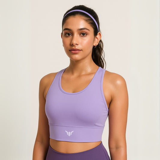 Women's Lavender Sports Bra – Front View with Model Emphasizing Sculpted Fit, Comfort, and Chest Support