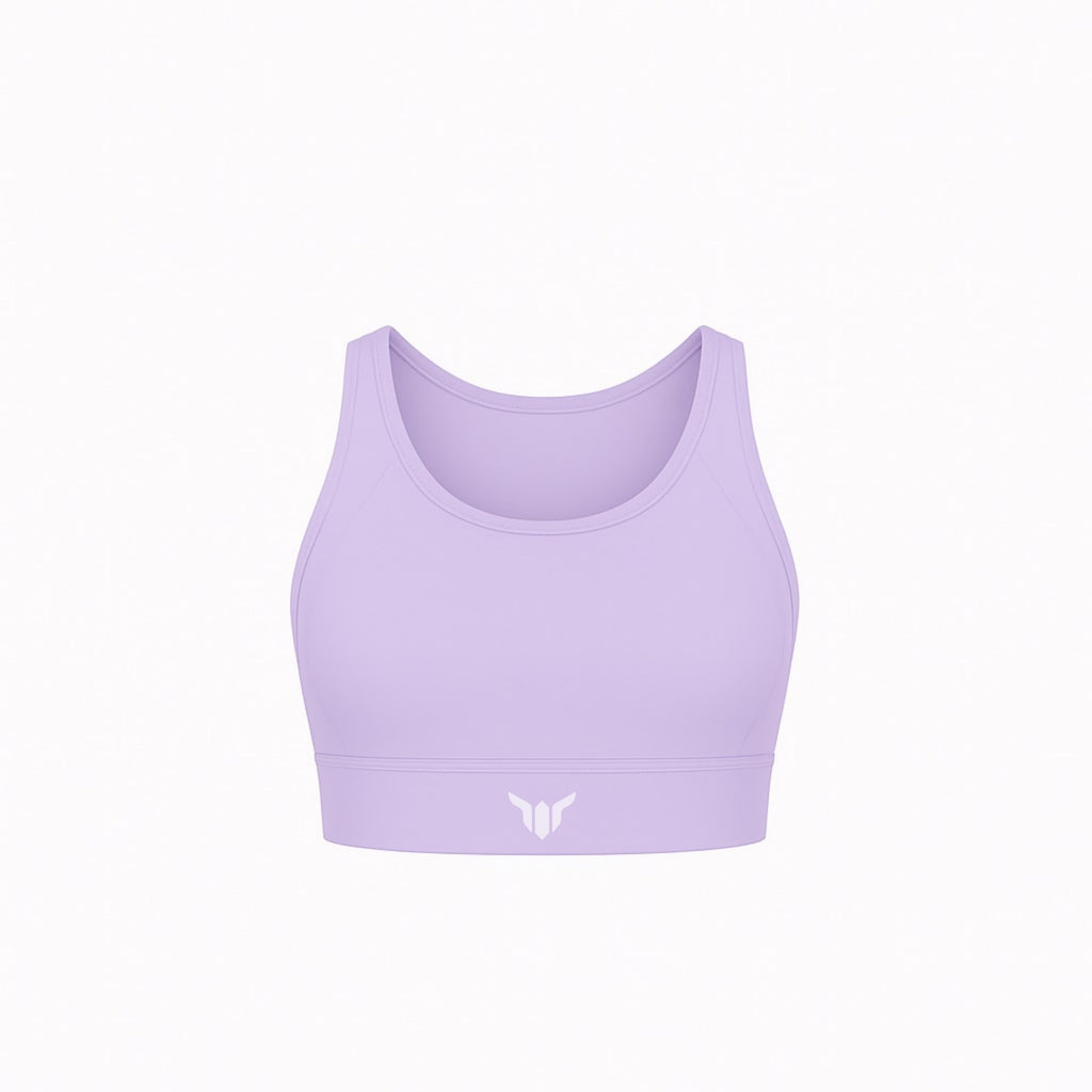 Women's Lavender Sports Bra – Product Mockup Highlighting Soft Fabric, Clean Neckline, and Minimal Design

