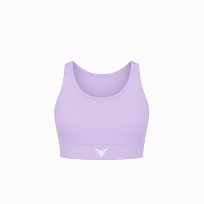 Women's Lavender Sports Bra – Product Mockup Highlighting Soft Fabric, Clean Neckline, and Minimal Design

