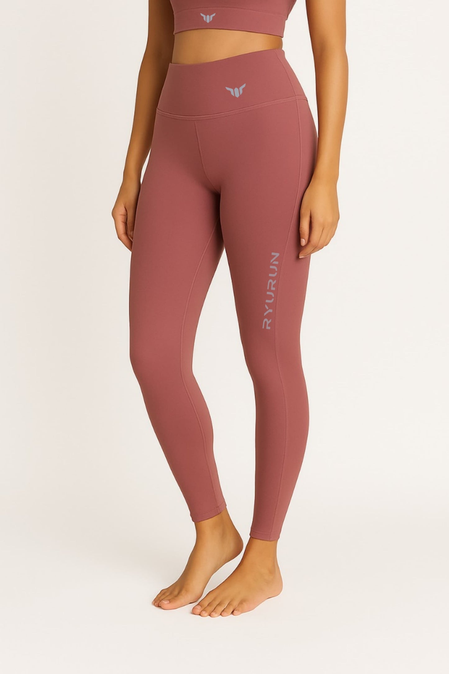 Women's Mauve Leggings – Front View with Model Emphasizing High Waist, Core Support, and Seamless Look

