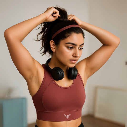 Women's Mauve Sports Bra – Front View with Model Displaying High Coverage, Supportive Chest Fit, and Body Contour